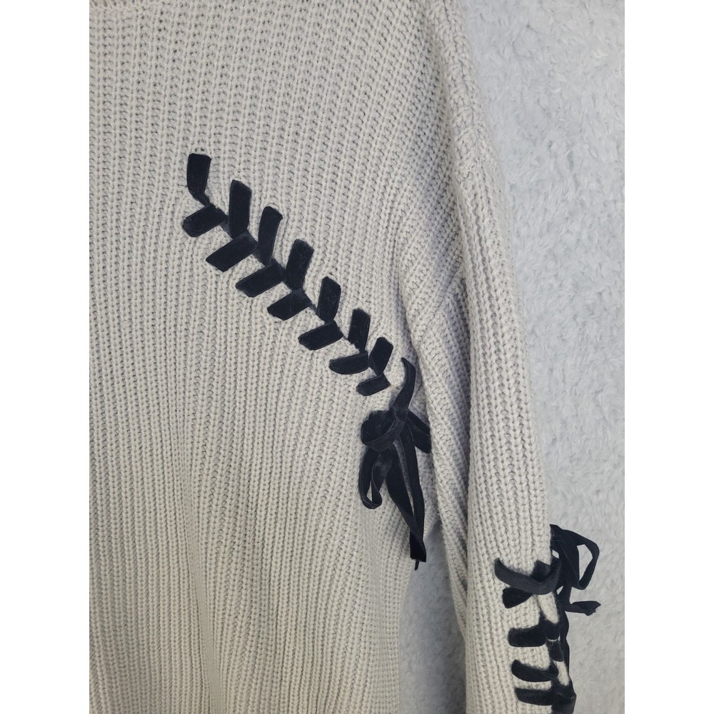 One Way Women's Sweater F Beige Knit Pullover Black Ribbon Lace Up Detail Japan - Picture 6 of 9